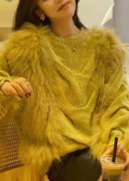 Fluffy Sweaters Cozy Fall Fuzzy Knit O-Neck Fashion Yellow Fur Cotton