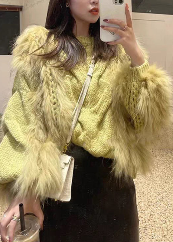 Fluffy Sweaters Cozy Fall Fuzzy Knit O-Neck Fashion Yellow Fur Cotton