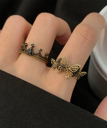 Rings Crown Hollow Piece Gold Two Set Ancient Out Fine Metal Butterfly