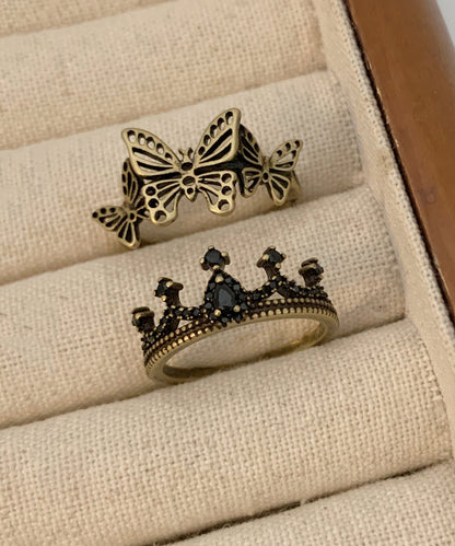 Rings Crown Hollow Piece Gold Two Set Ancient Out Fine Metal Butterfly