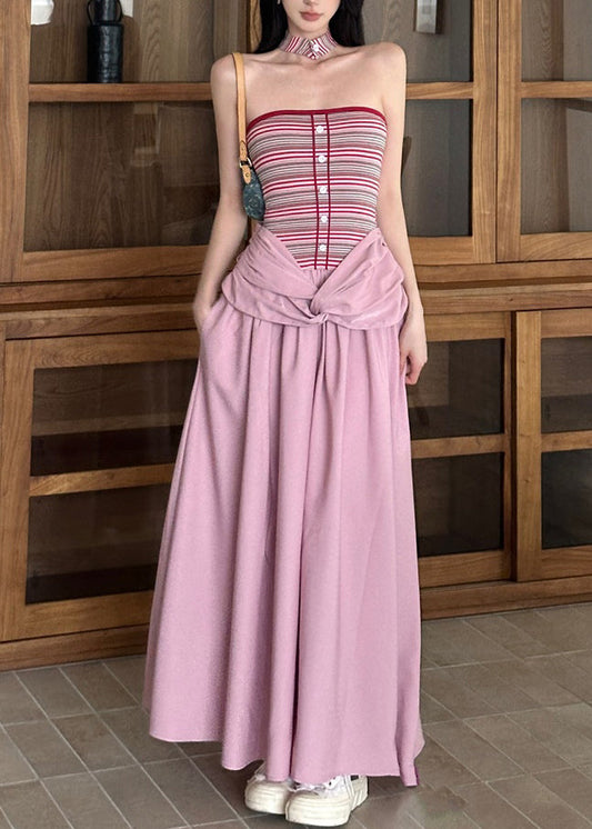 Fine Pink Striped Patchwork Fake Two Pieces Long Dress Summer