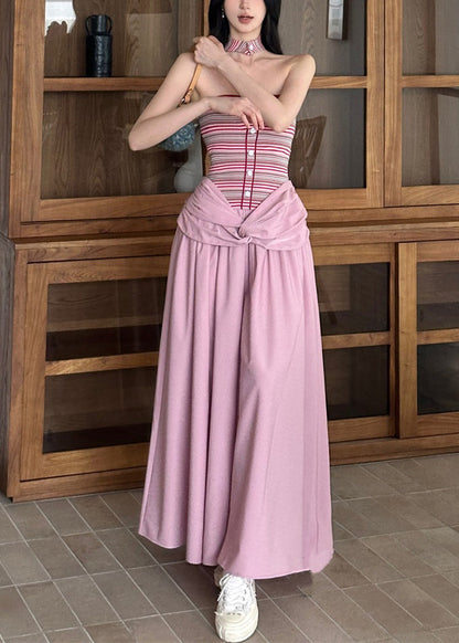 Fine Pink Striped Patchwork Fake Two Pieces Long Dress Summer