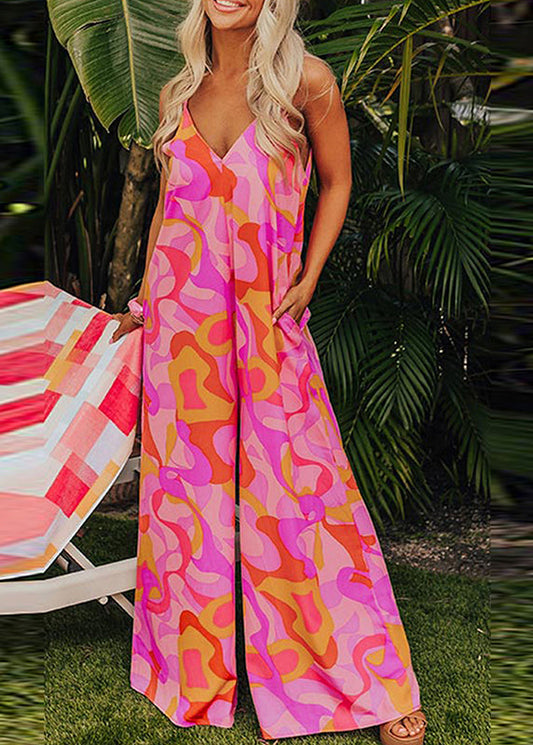 Pink Fine V Print Summer Pockets Jumpsuits Neck