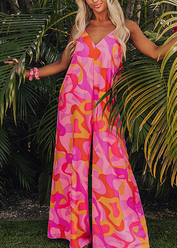 Pink Fine V Print Summer Pockets Jumpsuits Neck
