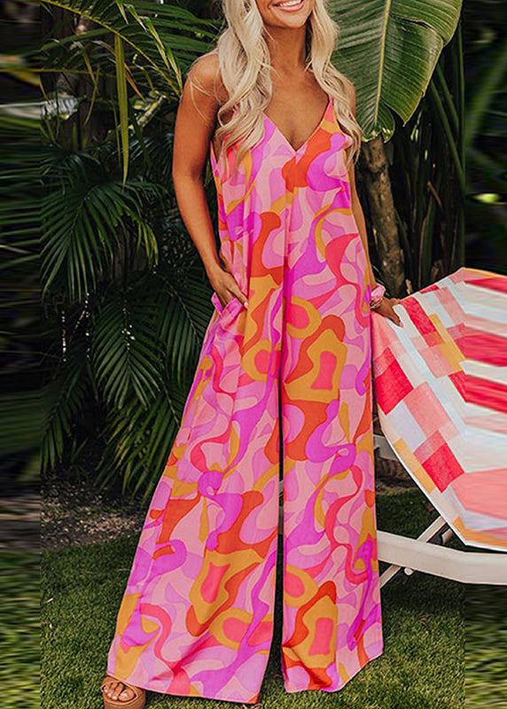 Pink Fine V Print Summer Pockets Jumpsuits Neck