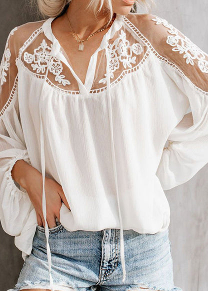 V Shirt Neck White Fall Lace Fine Patchwork