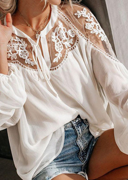 V Shirt Neck White Fall Lace Fine Patchwork