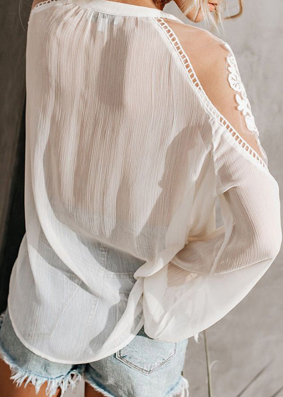 V Shirt Neck White Fall Lace Fine Patchwork