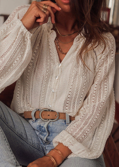 Top V Fitted White Lantern Out Neck Lace Hollow Sleeve