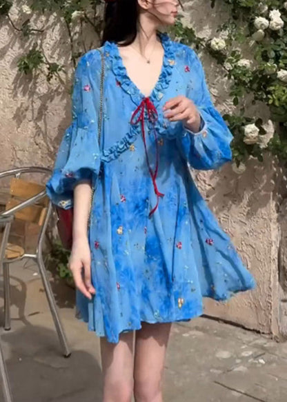 French Blue Ruffled Puff Sleeve Print Chiffon Dresses