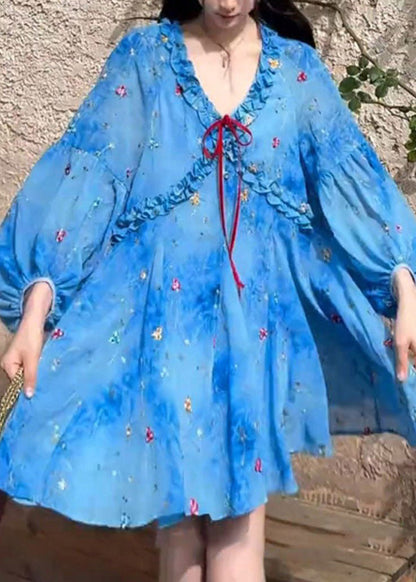 French Blue Ruffled Puff Sleeve Print Chiffon Dresses