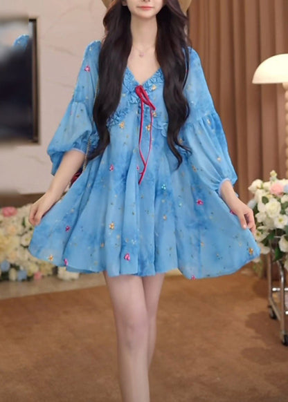 French Blue Ruffled Puff Sleeve Print Chiffon Dresses