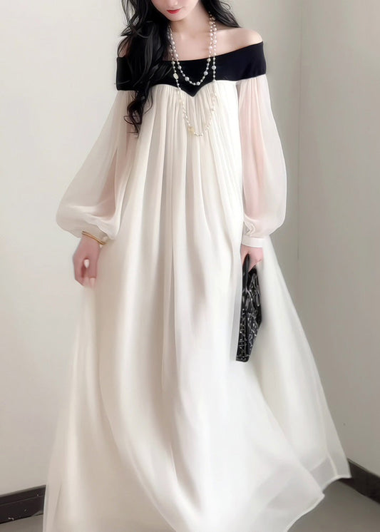 French Elegant Slash Neck Chiffon Dress Lantern Sleeves