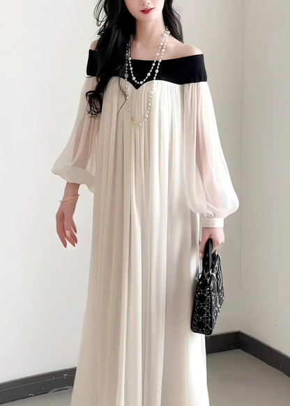 French Elegant Slash Neck Chiffon Dress Lantern Sleeves