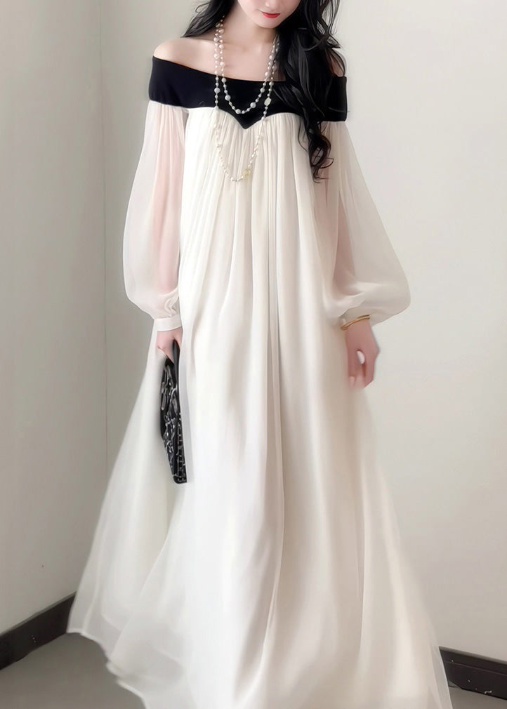 French Elegant Slash Neck Chiffon Dress Lantern Sleeves
