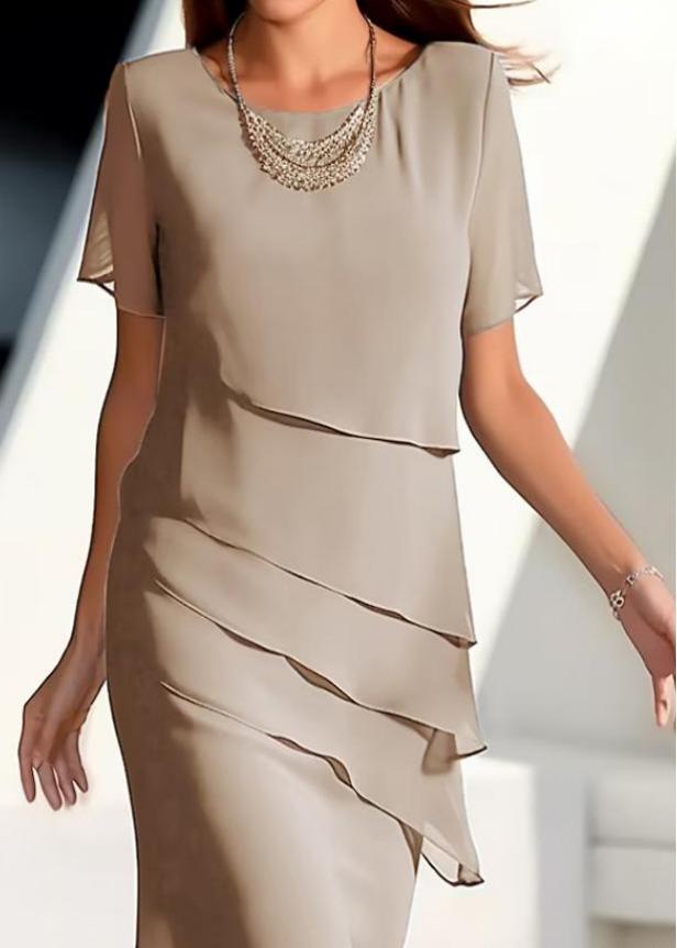 French Khaki O-Neck Layered Solid Chiffon Maxi Dresses Short Sleeve