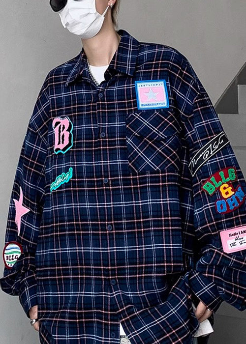 French Navy Plaid Pockets Cotton Shirt Men Spring