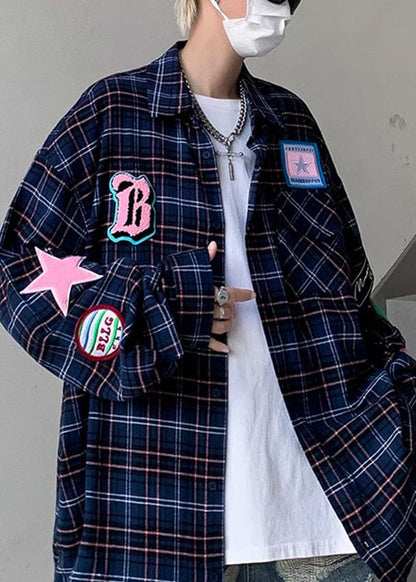 French Navy Plaid Pockets Cotton Shirt Men Spring