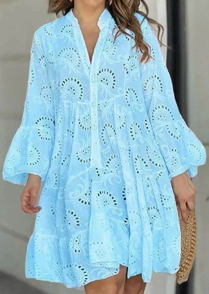 French Out Neck Hollow Long Dress Lace V Holiday Fall White