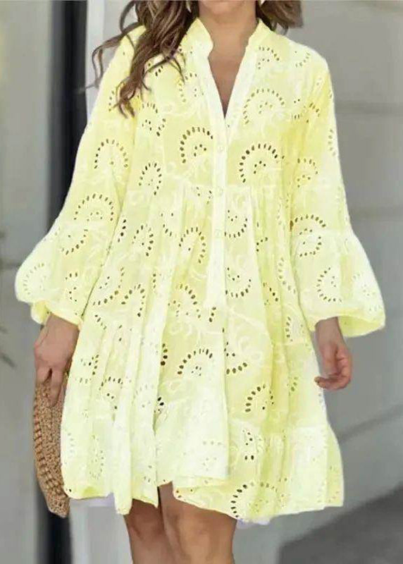 French Out Neck Hollow Long Dress Lace V Holiday Fall White