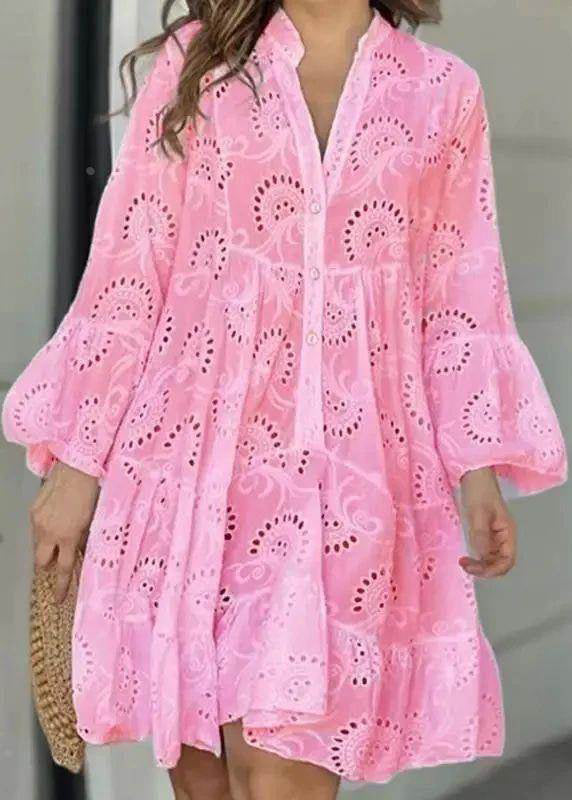 French Out Neck Hollow Long Dress Lace V Holiday Fall White