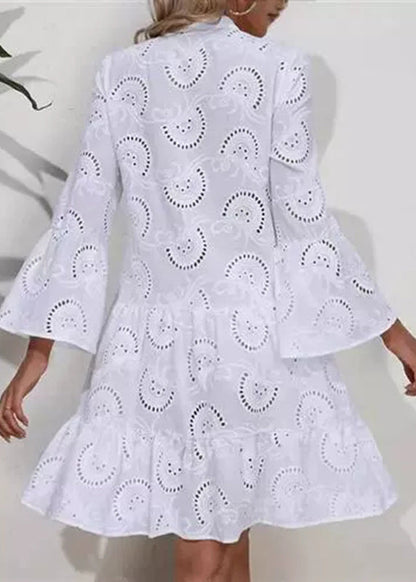 French Out Neck Hollow Long Dress Lace V Holiday Fall White