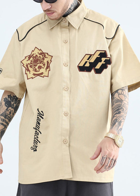 French Yellow Peter Pan Collar Print Cotton Mens Shirts Summer