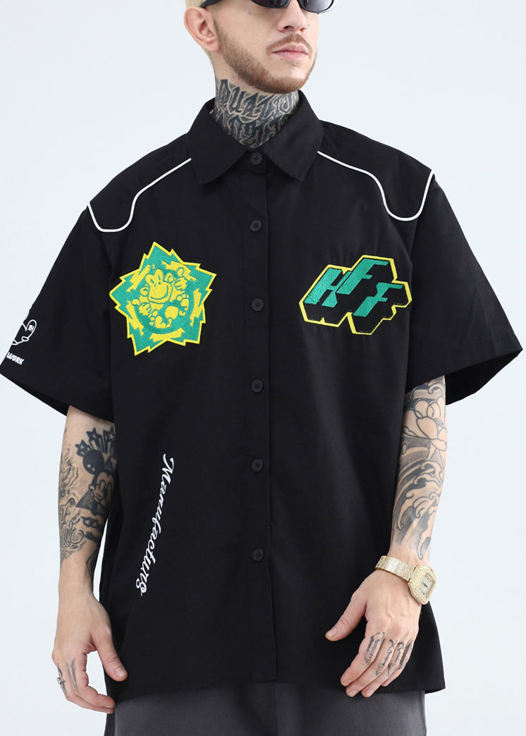 French Yellow Peter Pan Collar Print Cotton Mens Shirts Summer