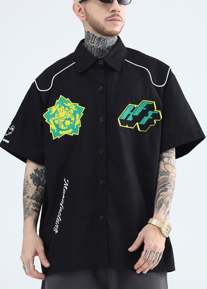 French Yellow Peter Pan Collar Print Cotton Mens Shirts Summer