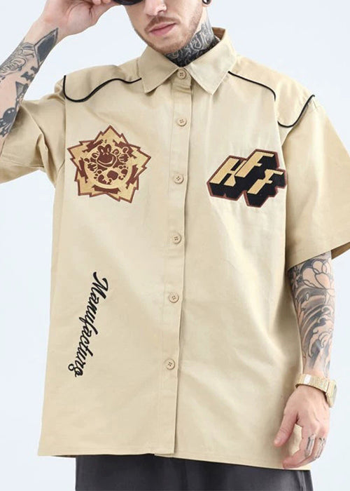 French Yellow Peter Pan Collar Print Cotton Mens Shirts Summer