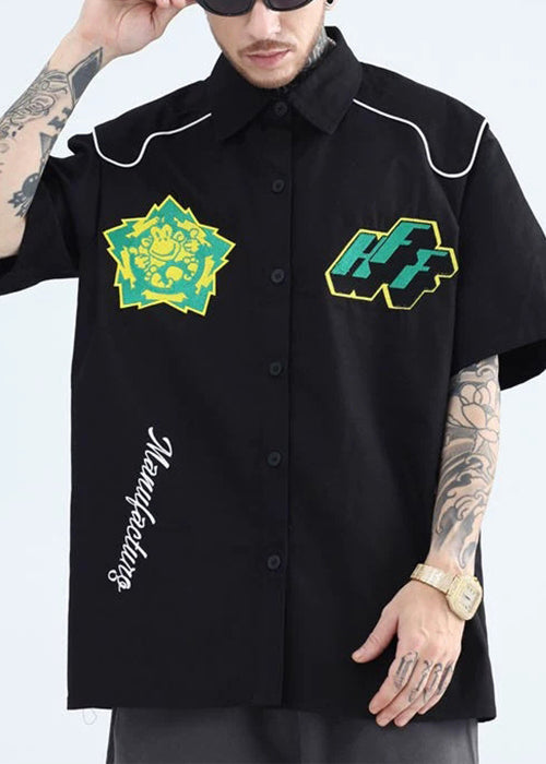 French Yellow Peter Pan Collar Print Cotton Mens Shirts Summer