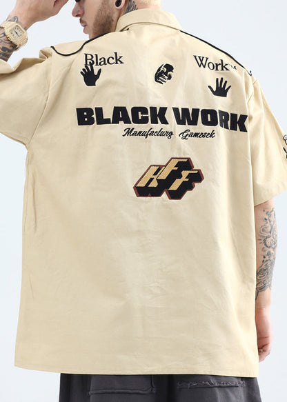 French Yellow Peter Pan Collar Print Cotton Mens Shirts Summer