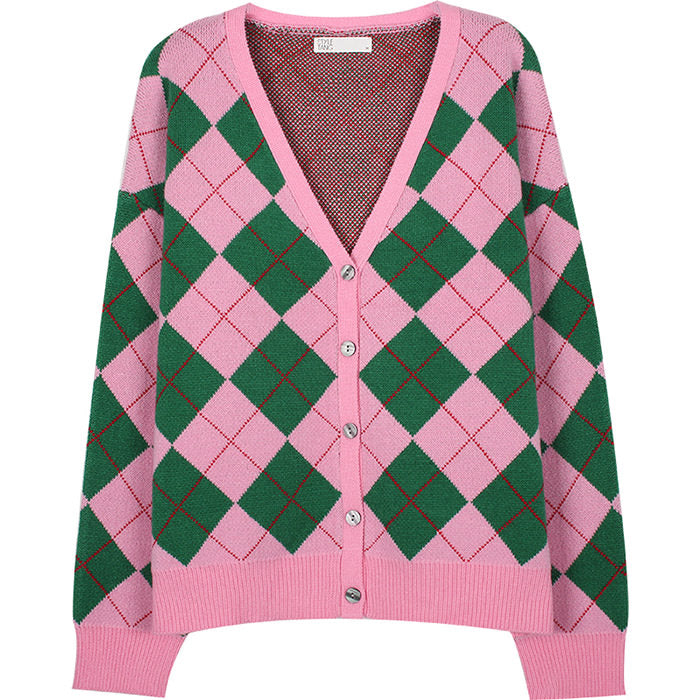 Green Pink Argyle Pattern Cardigan