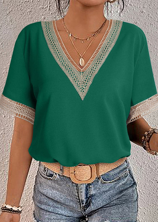 Out Tops Short Sleeve Neck Hollow V Green