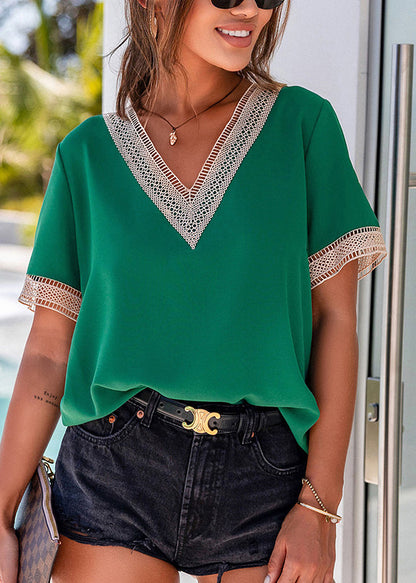 Out Tops Short Sleeve Neck Hollow V Green
