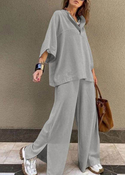 Grey Side Open T Shirts And Wide Leg Pants Two Pieces Set Bracelet Sleeve
