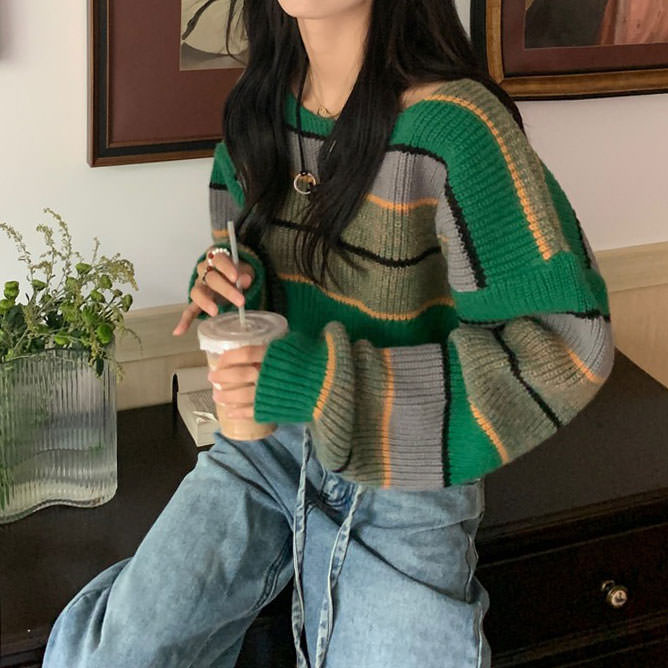 Green Striped Crop Sweater