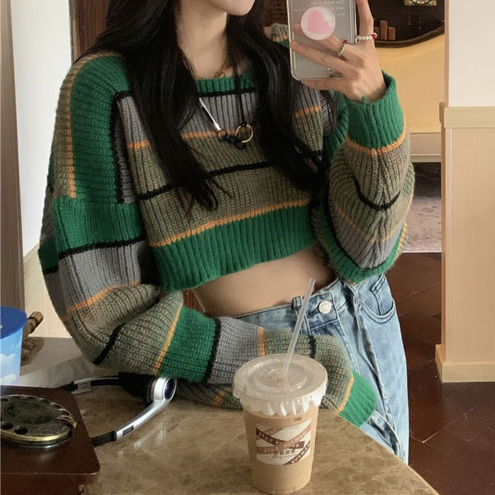 Green Stripe Crop Sweater