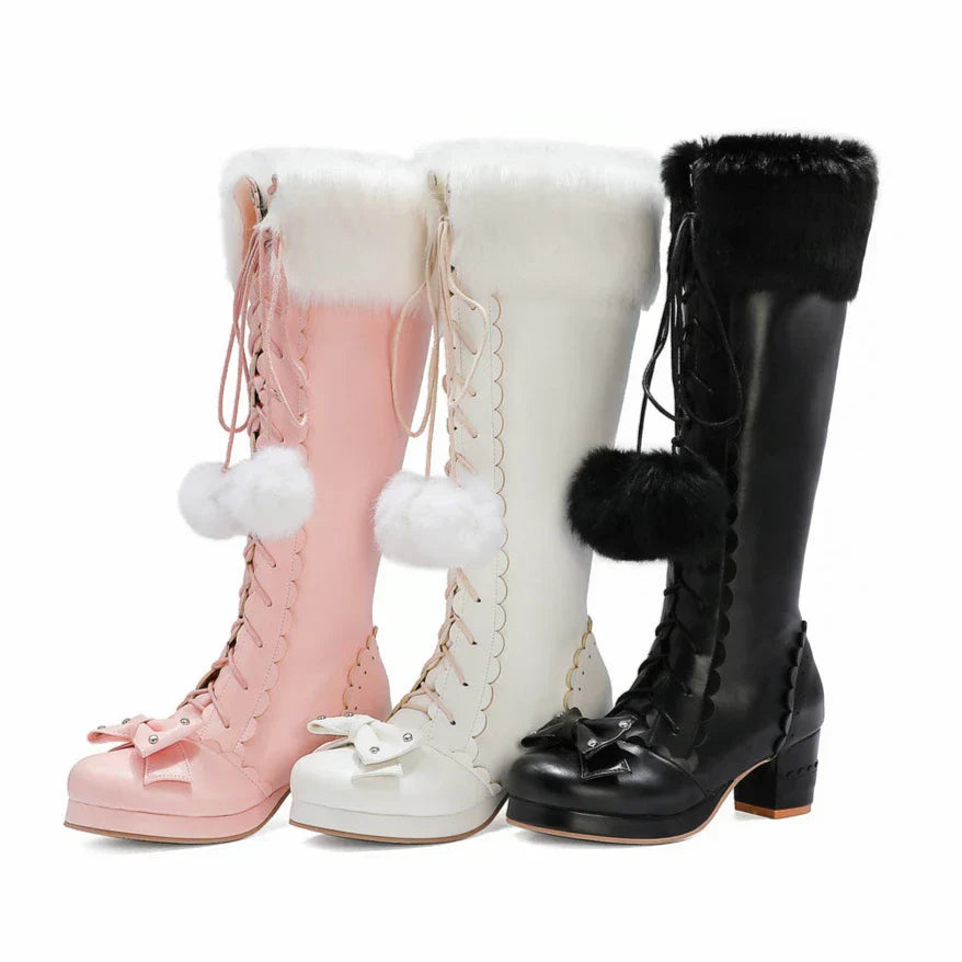 Warm High - Bowtie Boots Lolita Leather 33-45 Fur