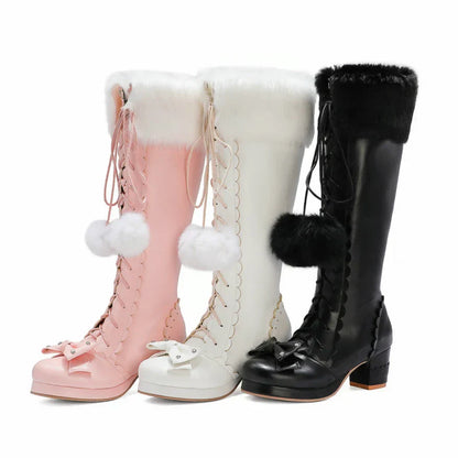 Warm High - Bowtie Boots Lolita Leather 33-45 Fur