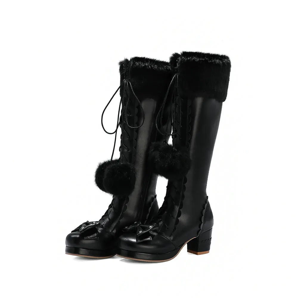 Warm High - Bowtie Boots Lolita Leather 33-45 Fur