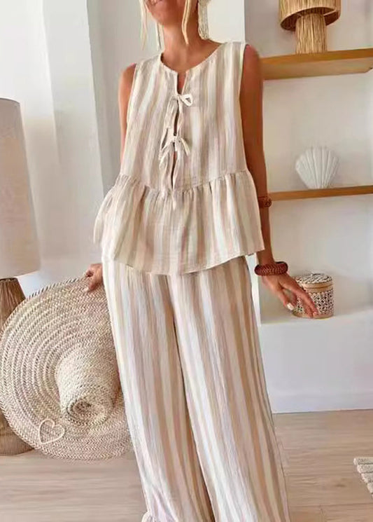 Wide Leg Handmade And Two Set Top Striped Camel O-Neck Pants Summer Pieces