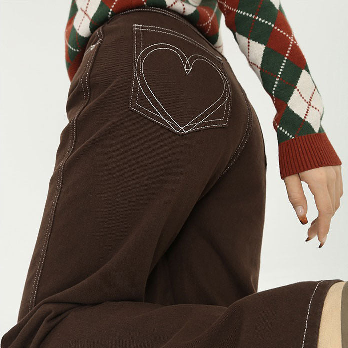 Heart Embroidery Brown Wide Jeans