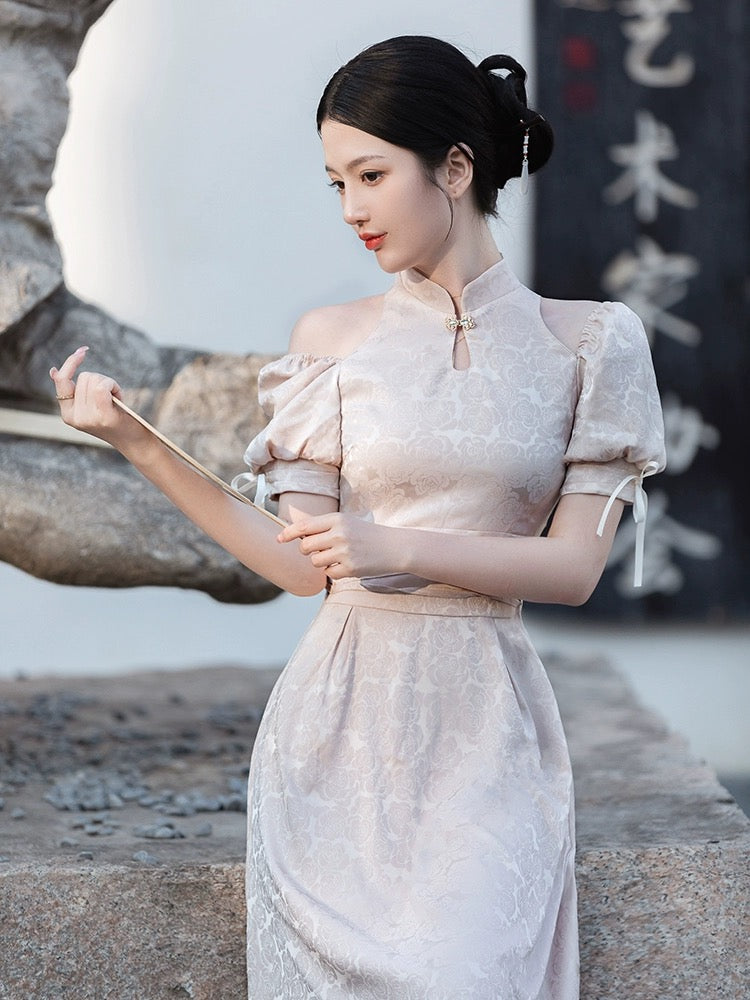 Chic Textured Puffy Sleeve Cheongsam