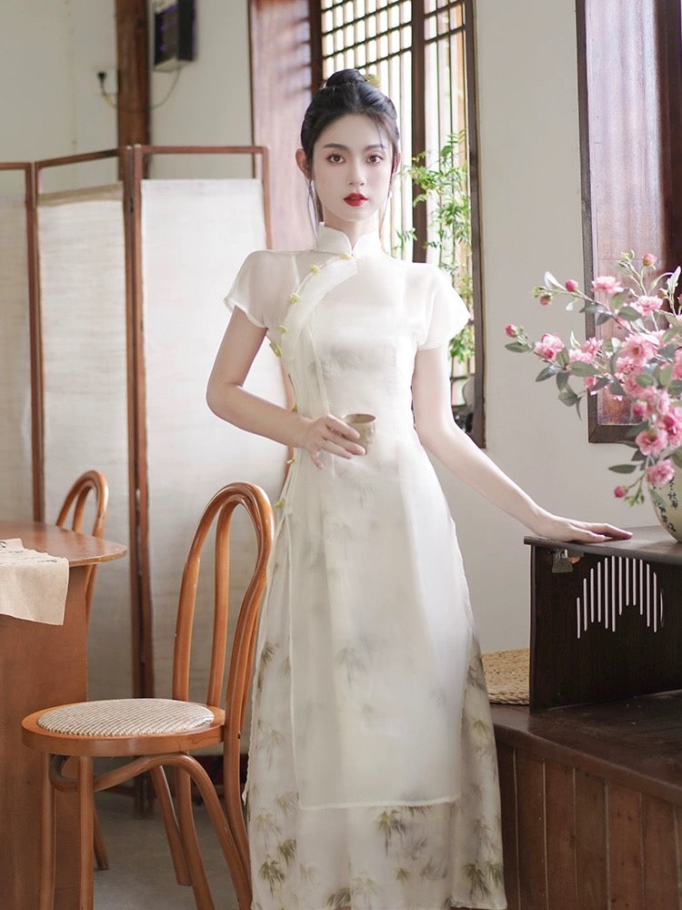 Robe blanche cheongsam féerique