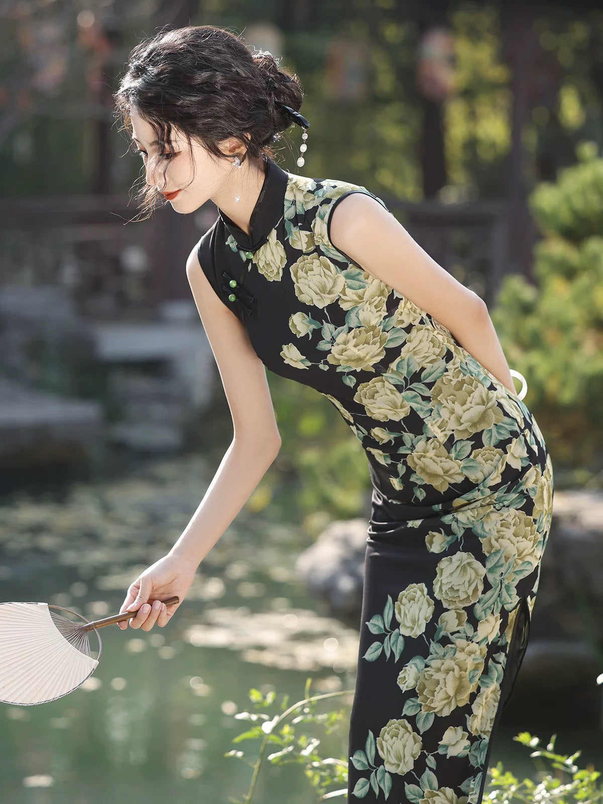 Black with Green Flowers Cheongsam