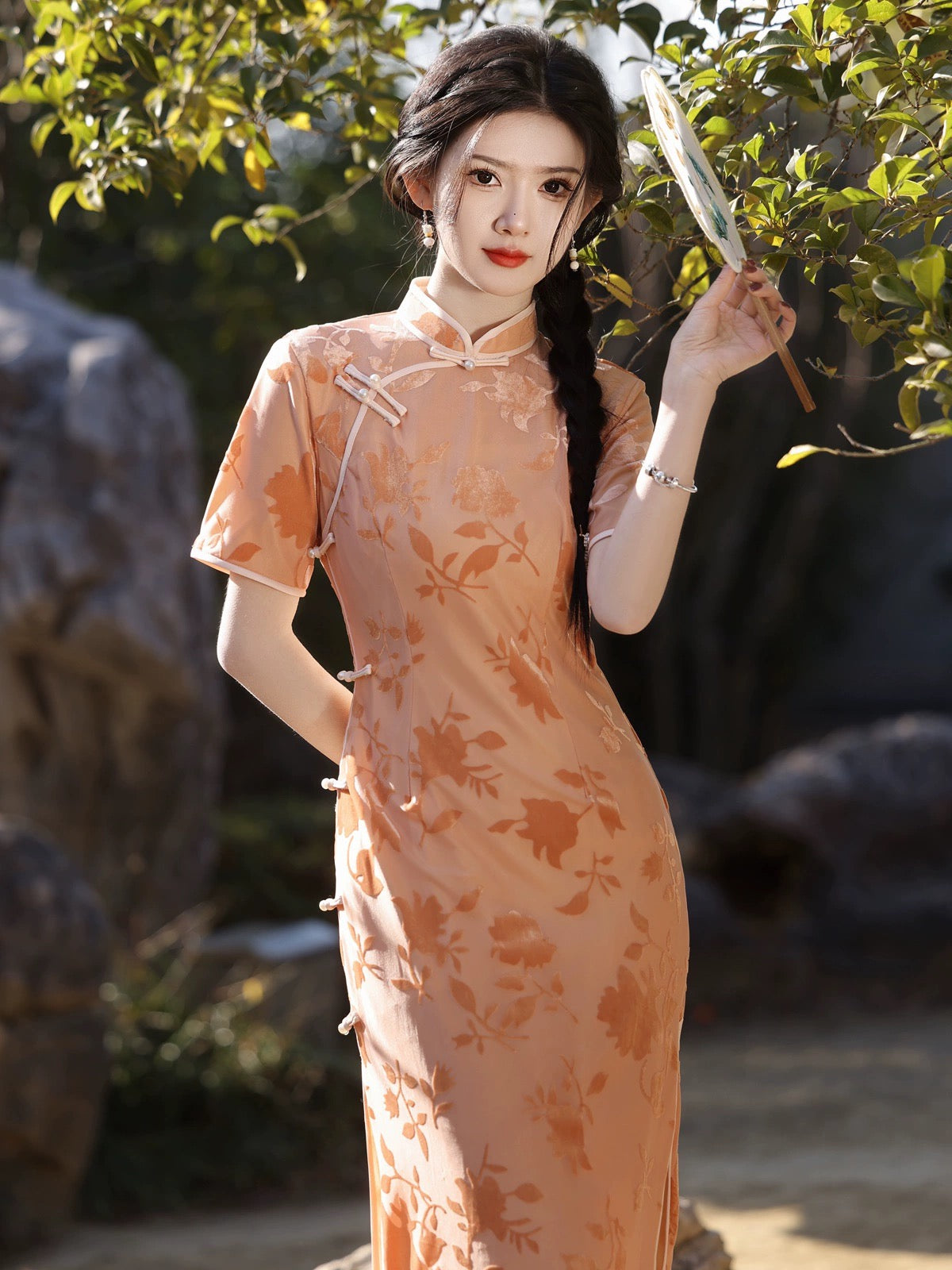 Orange Floral Sleeveless Long Cheongsam