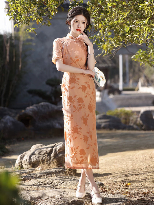 Cheongsam longue sans manches à fleurs orange