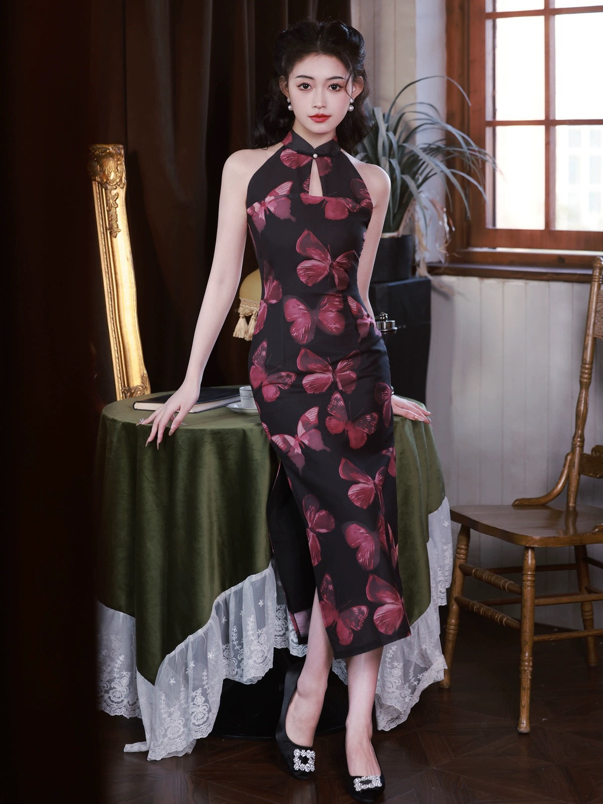 Vintage Butterfly Black Cheongsam