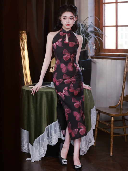 Schwarzes Cheongsam mit Schmetterlingsmotiv im Vintage-Stil